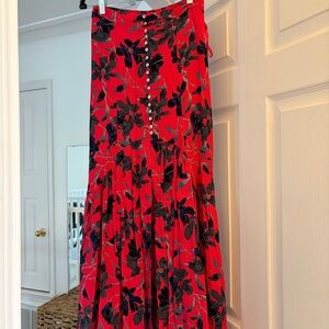 Free People Bright Pink Skirt, Gray/Black/Blue Floral, Mother of Pearl Buttons